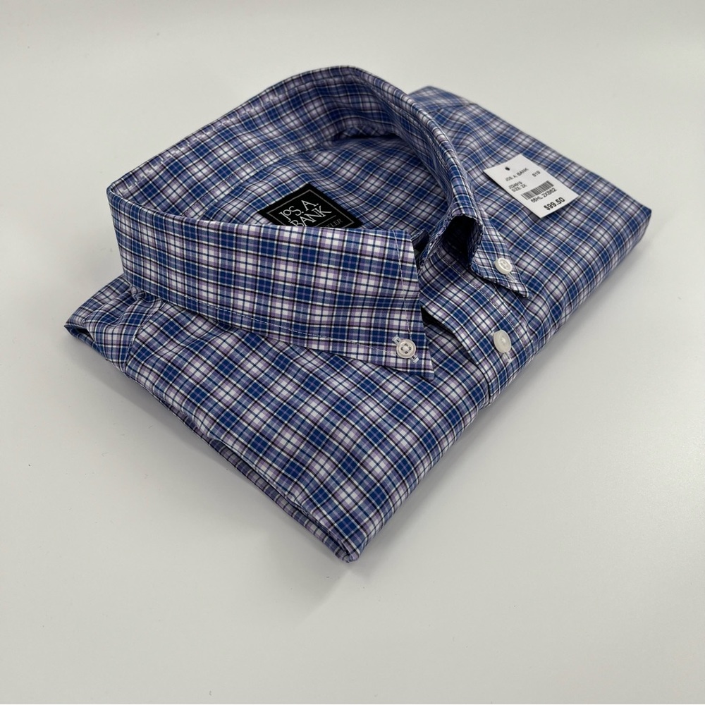 Jos A Bank Traveler Shirt 2XL Slim Long Sleeve Blue Plaid New
